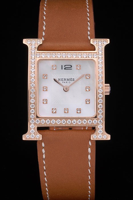 Hermes Heure H Rose Gold Bezel Diamond Encrusted Tan Leather Strap White Dial 80236 Super Replica Watches